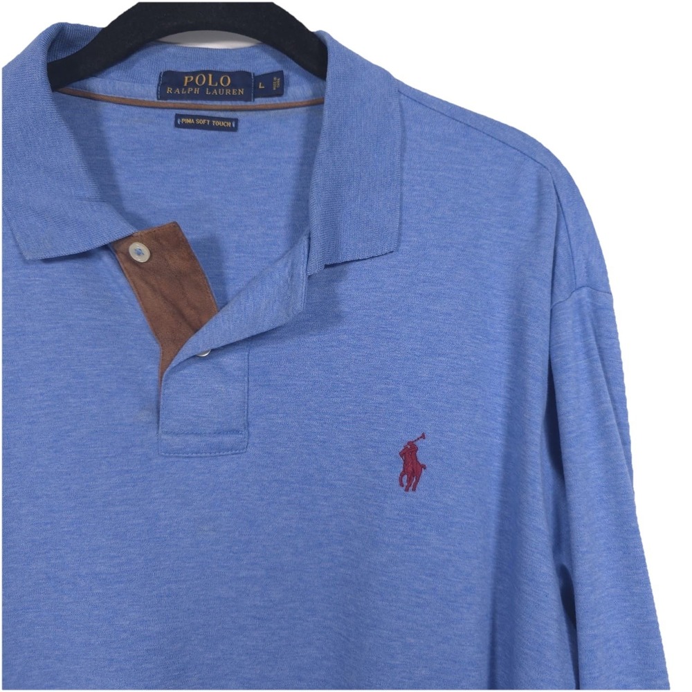 POLO RALPH LAUREN Pima Soft Touch Long Sleeve Blue Polo Shirt LARGE Suede Detail